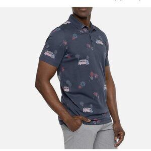 Travis Mathew Polo Shirt Firework Display VW Bus Navy Blue Mens L $115 NWT ECO